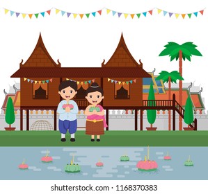 Kids traditional clothing.  Loy Kratong thailand festival vector