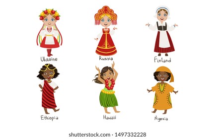 Kids in Traditional Costumes Set, Ukraine, Russia, Finland, Ethiopia, Hawaii, Nigeria Vector Illustration