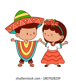 Kids in traditional mexican costume. Vector flat line cartoon kawaii character illustration icon. Isolated on white background. Mexican boy and girl concept