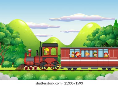 A kids in a train with natural scene illustration