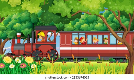 A kids in a train with natural scene illustration