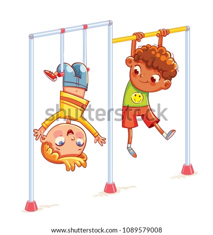 Kids train on horizontal bars. Little boy playing on the horizontal bar. Playground. Place for games. sport, fitness, exercising. Funny cartoon character. Vector illustration. Isolated on white