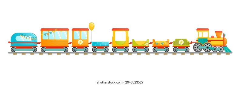 Kids train toy in cartoon style. Vector illustration isolated on white background.