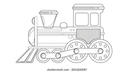 Kids train toy in cartoon style coloring book. Vector illustration isolated on white background.