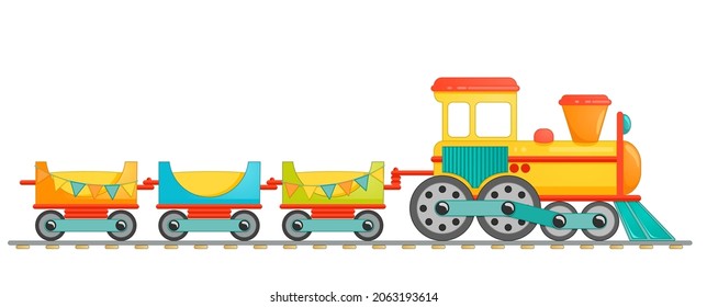 Kids train toy in cartoon style. Vector illustration isolated on white background.