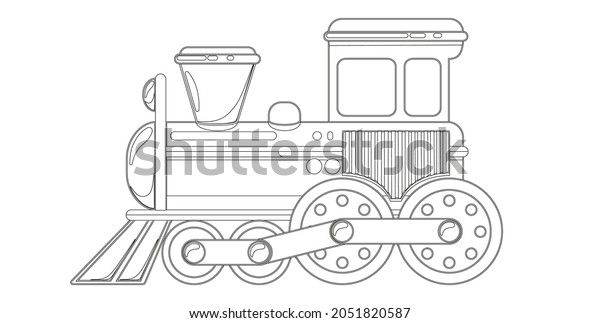 Kids train toy in cartoon
style coloring book. Vector illustration isolated on white
background.