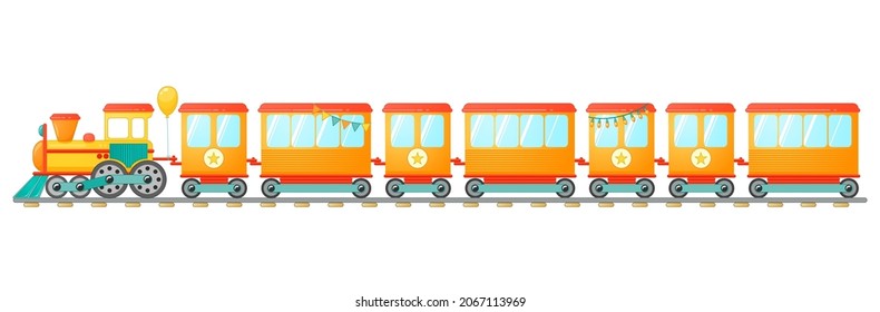 Kids train toy with orange wagons in cartoon style. Vector illustration isolated on white background.