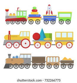 Kids train toy vector set gift for child play railroad game gifted on happy birthday in childhood baby cartoon railway icons isolated illustration.