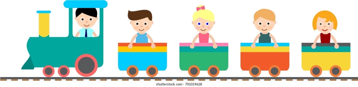 kids in train vector, cartoon kids logo, colorful toy logo
