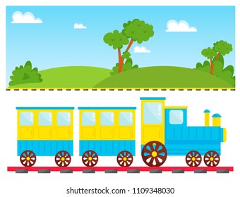 Kids train vector cartoon toy with colorful locomotive blocks railroad carriage game fun leisure joy gift children transport illustration.