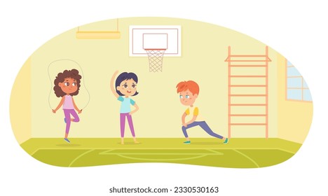 Kids training on lesson of physical education in school gym vector illustration. Cartoon boy and girls jumping rope, doing exercises and gymnastics, healthy active workout of diverse students group