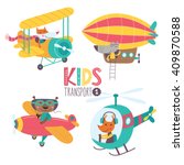 Kids transport collection with cute animals. Part 1. Vector illustration on a white background. Airplane, airship, plane, helicopter.