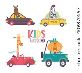 Kids transport collection with cute animals. Part 3. Vector illustration on a white background. Car, taxi, cabriolet