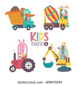 Kids Transport Collection With Cute Animals. Part 4.Vector Illustration On A White Background. Dump Truck, Concrete Mixer, Tractor, Excavator,