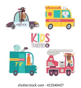 Kids transport collection with cute animals. Part 6. Vector illustration on a white background. Police car , ambulance, TV van, fire engine.
