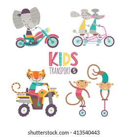 Kids transport collection with cute animals. Part 5. Vector illustration on a white background. Tandem, chopper, quad bike, unicycle.