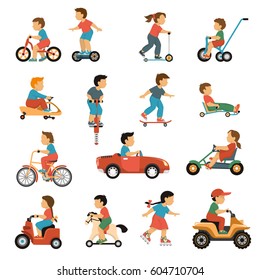 Kids transport icons set with active games symbols flat isolated vector illustration