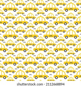 Patrón de transporte infantil con coches de taxi para niños. Caricatura de taxi amarillo de la ciudad en diferentes tamaños con la señal superior en el techo. Textura de automóvil sin inconvenientes sobre fondo blanco para telas, diseño de vivero.