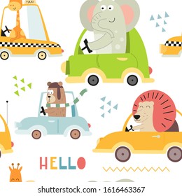 Kids transport seamless pattern with cute animals and cars. Vector Illustration. Great for baby clothes, greeting card, wrapping paper. Bear, lion, elephant, giraffe.