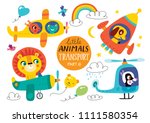 Kids transport set with cute little animals. Part 6. Vector illustration on a white background.  Helicopter, airplane, plane, spacecraft.