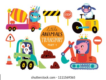 Kids transport set with cute little animals. Part 1.Vector illustration on a white background. Road roller, concrete mixer, grader, excavator.