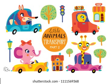 Kids transport set with cute little animals. Part 2. Vector illustration on a white background.  Funny cars.