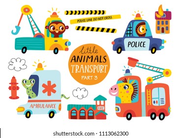 Kids transport set with cute little animals. Part 3. Vector illustration on a white background.  Police car, ambulance, tow truck, fire engine.