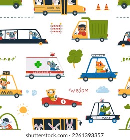 Kids transportation, animal in car seamless pattern. Cute animals racers, ride vehicle comic characters. Baby racing transport classy vector print