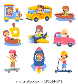 Kids transportation. Children in carriage vehicles, little travellers, young drivers in train and rocket, ship and plane, boys and girls on scooter and skate. Vector cartoon isolated set