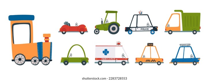 Kids transportation, public transport, cartoon car, trucks and train. Ambulance and police cars, yellow cartoon taxi. Children vector doodle clipart