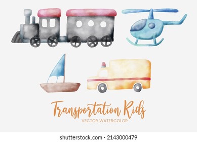 kids transportation train helicopter boat and ambulance watercolor set collection art graphic design illustration