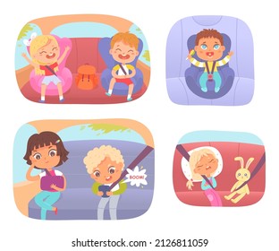 Kids Travel By Car Set Vector Illustration. Cartoon Boys And Girls Sit In Backseat With Seat Belt, Playing With Tablet Or Phone, Small Passenger Sitting In Baby Chair. Safety, Family Auto Ride Concept