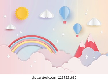 Kids, travel, journey, valentine's day sale header or voucher cute template with balloon, rainbow hanging. Poster or banner pastel paper cut vector background concept.