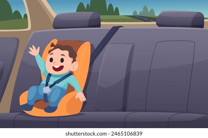 Kids travelers. Transport with safety baby car seat exact vector cartoon background