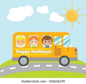 Kids traveling in yellow school bus. Summer holidays children theme vector illustration. Happy holidays school bus with smiling kids and summer background.