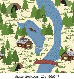 A Kid's Treasure Map Winds Through the Woods, in and out of Dark Caves and over the River with a Stop at a Cabin, jumping the rocks in the Lake with the Otters to create a seamless pattern.