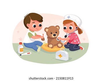 Kids treat teddy bear playing doctors. Children playing with doctor's kit. Boy and girl imagine they  are doctors. Kids doing role play. 