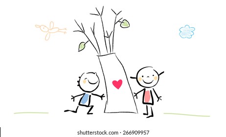 Kids with tree, heart sign. Cute Love concept vector illustration, childhood style drawing. Doodle, sketch. 