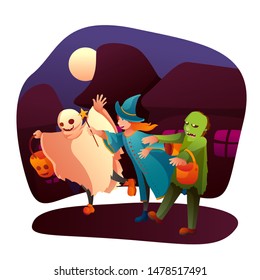 Kids trick or treating flat vector illustration. Little children in ghost, witch and zombie outfits cartoon characters. October holiday celebration, halloween tradition. Costume party, masquerade