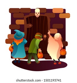 Kids trick or treating flat vector illustration. Little children in ghost, witch and zombie outfits cartoon characters. October holiday celebration, halloween tradition. Costume party, masquerade