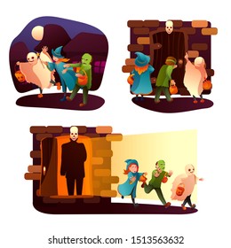 Kids trick or treating flat vector illustration. Little children in ghost, witch and zombie outfits cartoon characters. October holiday celebration, halloween tradition. Costume party, masquerade