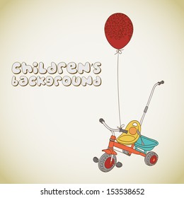 Kid's tricycle and balloon with hearts background 