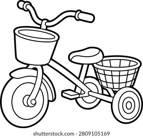 Kids tricycle with front and rear baskets vector illustration. Hand drawn sketch of three-wheeled children bicycle, isolated black line art.