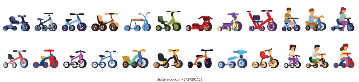 Kids tricycle icons set cartoon vector. Bike ride transport. Scooter ride vehicle