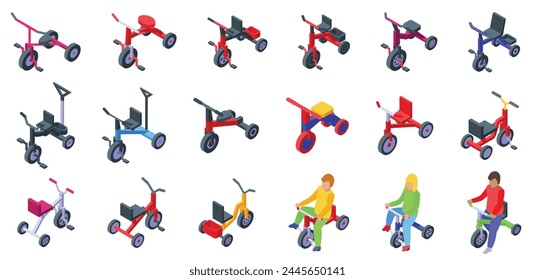 Los iconos de triciclo para niños establecen Vector isométrico. Montando en bicicleta. Transporte de caracteres