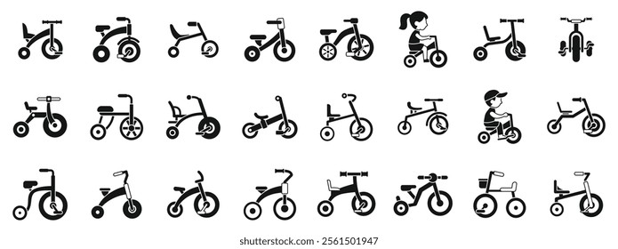 Kids tricycle icons set. Set of tricycle icons representing children enjoying outdoor activities, showcasing different models and styles of this popular childhood vehicle