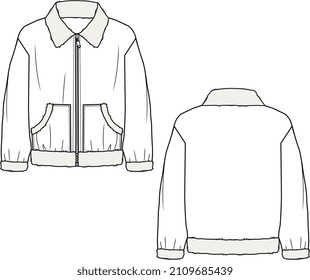 KIDS TRIM TRUCKER JACKET WITH FUR FLEECE COLLARS VECTOR FLAT SKETCH FRONT AND BACK