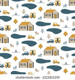 Kids trip by car, camper to forest village of huts. Children's seamless pattern. Cartoon transport on background of log cabins by lake, bear, tree. Baby fabric print. Scandinavian nursery wallpaper.