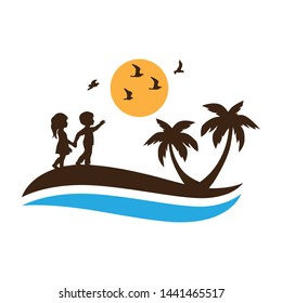 kids and tropic beach, vector 