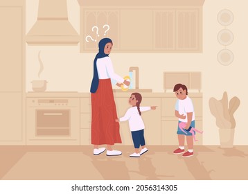 Kids in trouble with mom flat color vector illustration. Girl telling on brother. Sibling blaming another. Worried mother with children 2D cartoon characters with household interior on background